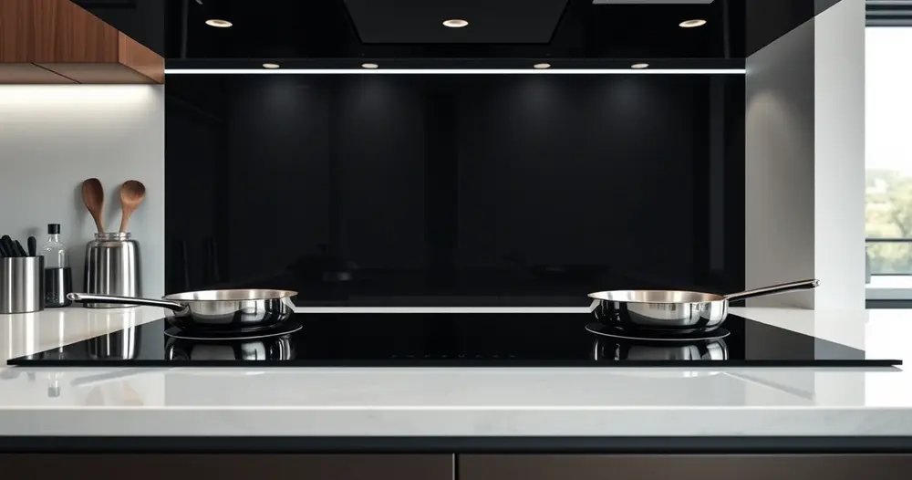 Superfície de cooktop de vidro preto limpa em cozinha moderna, sem panelas, luz clara
