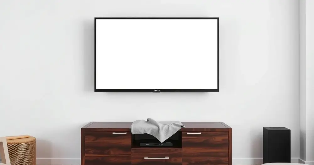 Televisor fixado na parede com a tela apagada e um pano sobre o móvel logo abaixo