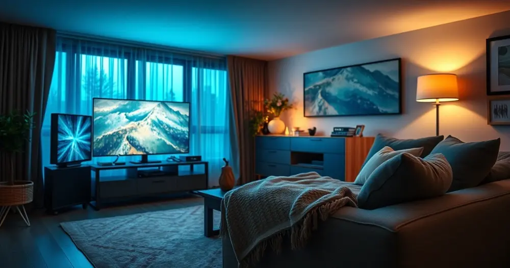 sala aconchegante com sofá, manta e televisão ligada